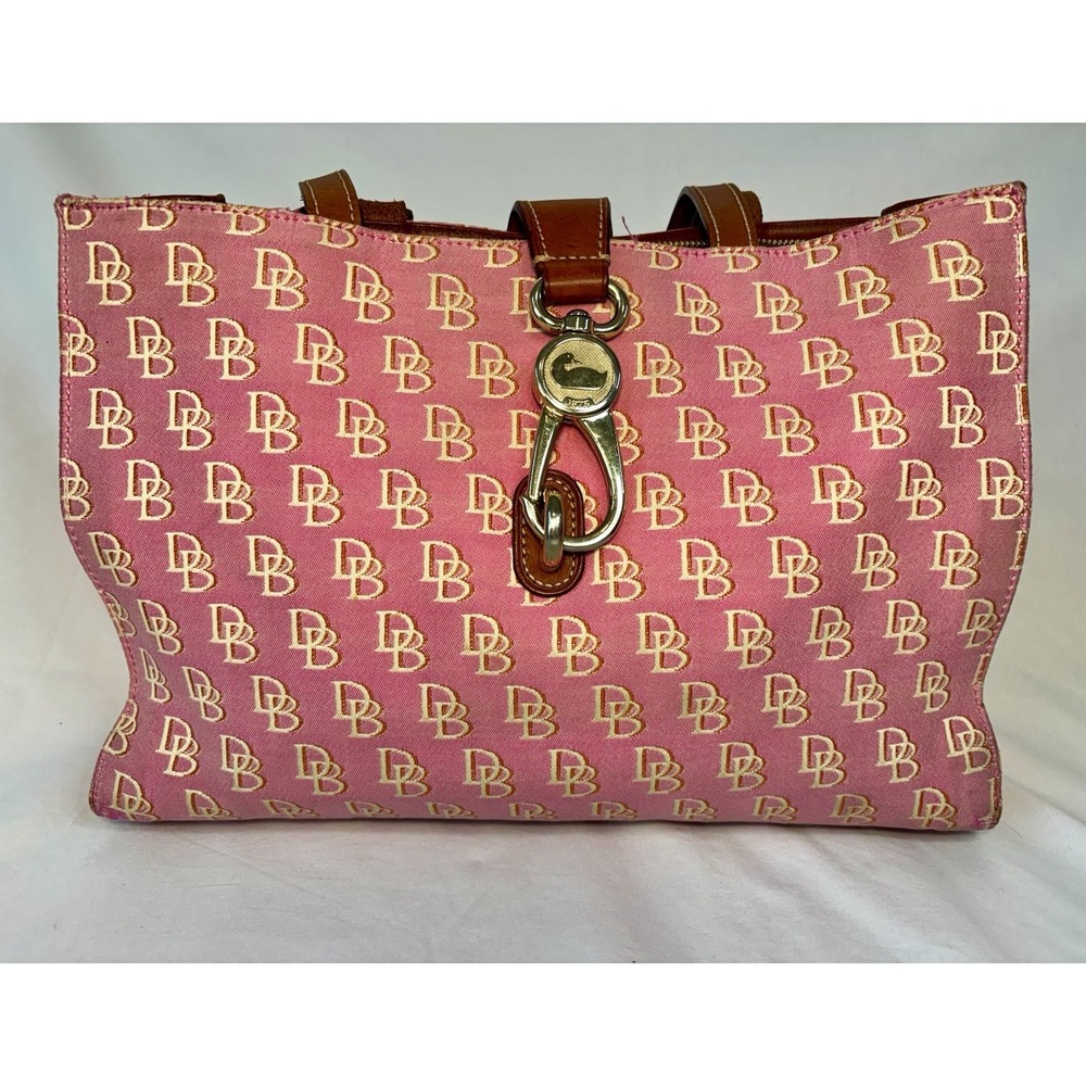 Vintage Dooney & Bourke Pink Signature Monogram Canvas Tote Bag  W/ Leather Trim